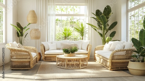 Elegant tropical living room with neutral tones, bamboo furniture, leafy plants, and large windows letting in plenty of sunlight.