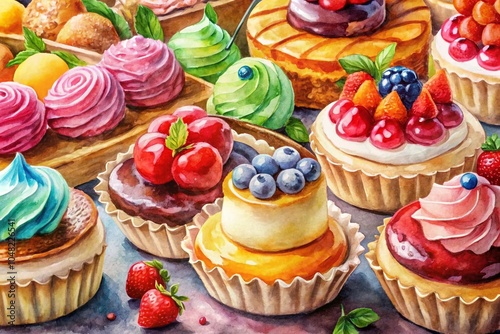 Hand Painted Watercolor Desserts on Plate - Macro Photography of Sweet Treats for Culinary Art and Food Illustration