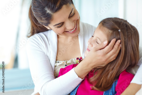 Hug, mom and love for child, house and bonding with daughter, calm and comfort for girl and family. Embrace, mother and care for kid, relax and motherhood for woman, adoption and together in home