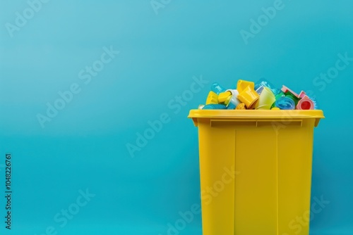 Yellow trash bin filled with colorful plastic waste on a bright blue background, symbolizing recycling and environmental awareness photo