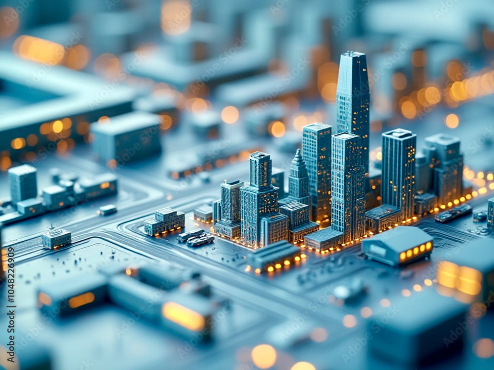 Aerial view of a modern cityscape with illuminated buildings showcasing urban life at twilight Aerial view of a modern cityscape with illuminated buildings showcasing urban life at twilight