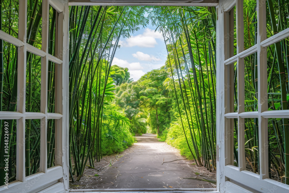 Scenic View Through Open Window Framing Lush Bamboo Forest Pathway Under Clear Blue Sky, Inviting Tranquility and Natures Beauty. Scenic View Through Open Window Framing Lush Bamboo Forest Pathway Under Clear Blue Sky, Inviting Tranquility and Natures Beauty.