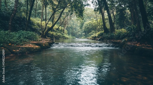 Tranquil river flowing through a lush green forest.