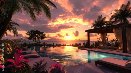 Luxurious backyard poolside setup with a cabana, tropical plants, and an infinity pool facing a beautiful sunset view.