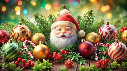 Happy New Year Merry Christmas Web Banner with Santa Face, Xmas Balls, Pine Branches, Candy Cane, and Holly