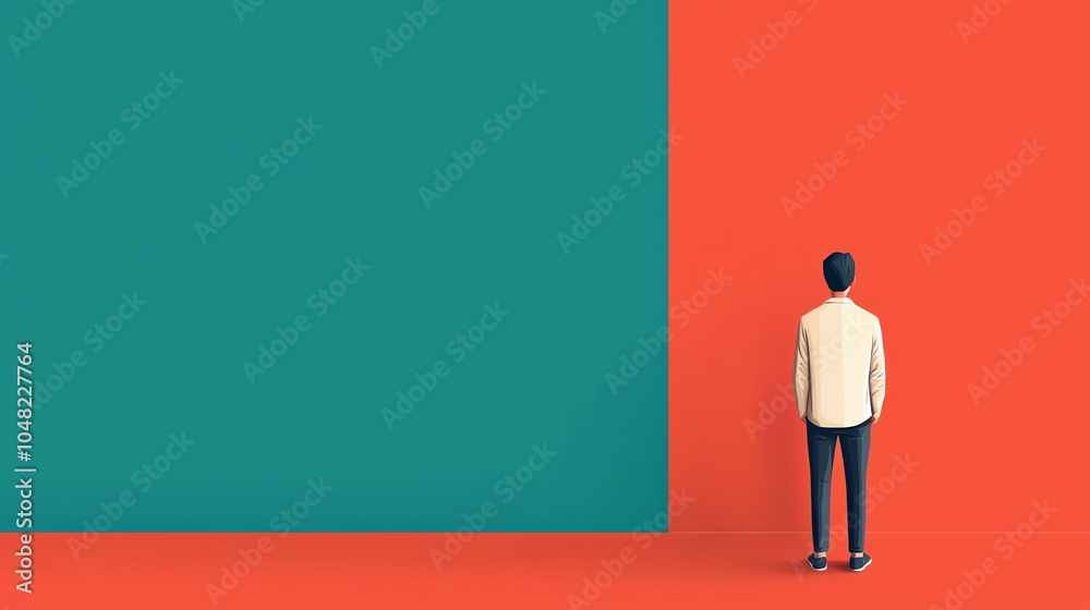 Obraz premium A solitary figure stands before contrasting colored walls, symbolizing decision-making and creativity in a vibrant environment.