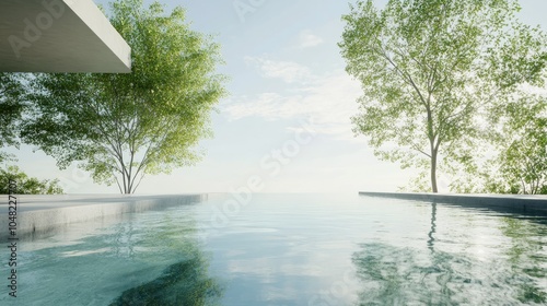 Minimalistic backyard pool with concrete edges, clear water, leafy trees around, and a tranquil blue sky above.