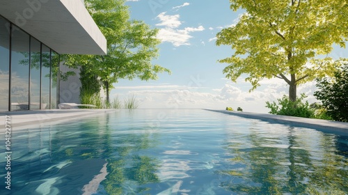 Minimalistic backyard pool with concrete edges, clear water, leafy trees around, and a tranquil blue sky above.