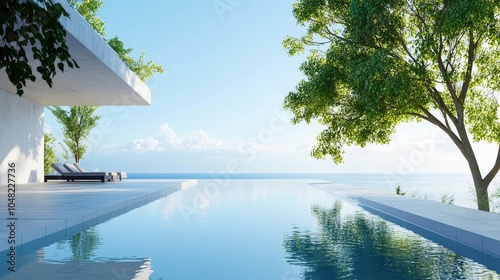 Minimalistic backyard pool with concrete edges, clear water, leafy trees around, and a tranquil blue sky above.
