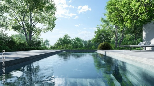 Minimalistic backyard pool with concrete edges, clear water, leafy trees around, and a tranquil blue sky above.
