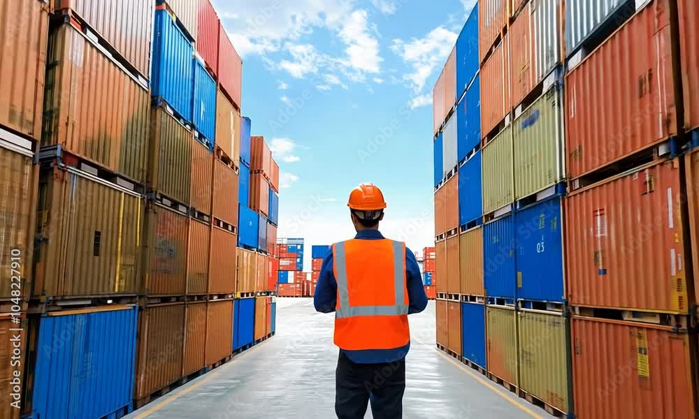 Worker in helmet and vest observing shipping containers in a logistics yard under a clear blue sky.