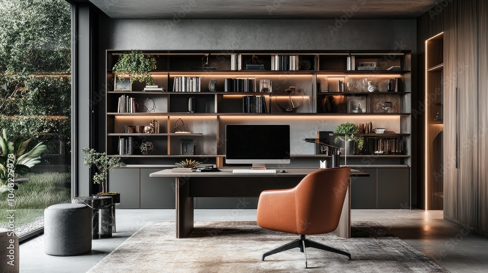 Modern home office with a large desktop, stylish shelving, a cozy rug, and decor plants for a welcoming work atmosphere.