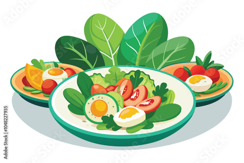 Rich Salad Plates with Mixed Greens, Vegetables, Avocado, Eggs, Chicken, and Shrimps.