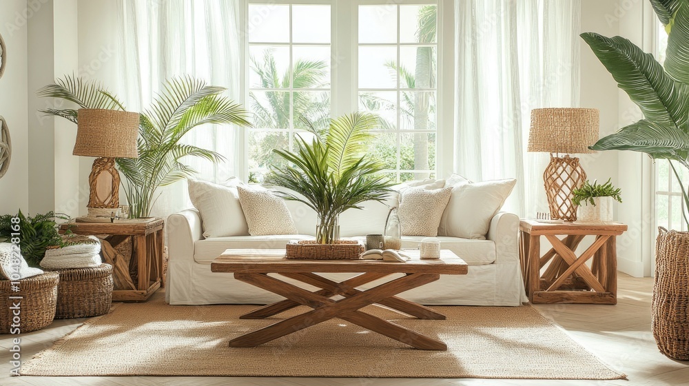 Open, tropical-inspired living room with a wooden coffee table, indoor palms, woven lampshades, and a bright, airy feel. Open, tropical-inspired living room with a wooden coffee table, indoor palms, woven lampshades, and a bright, airy feel.