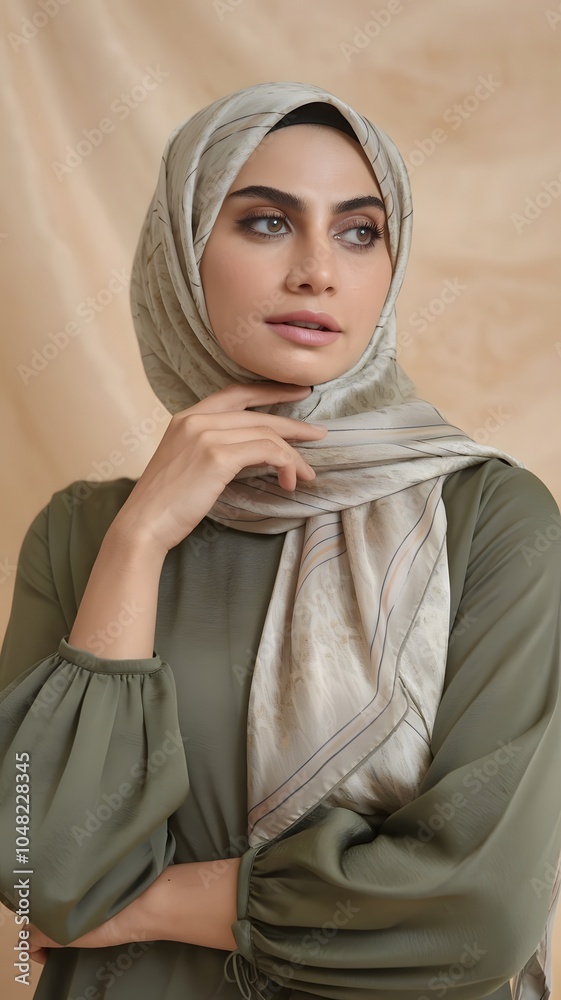 a woman with a hijab who has deep, thoughtful eyes and an elegant posture a woman with a hijab who has deep, thoughtful eyes and an elegant posture
