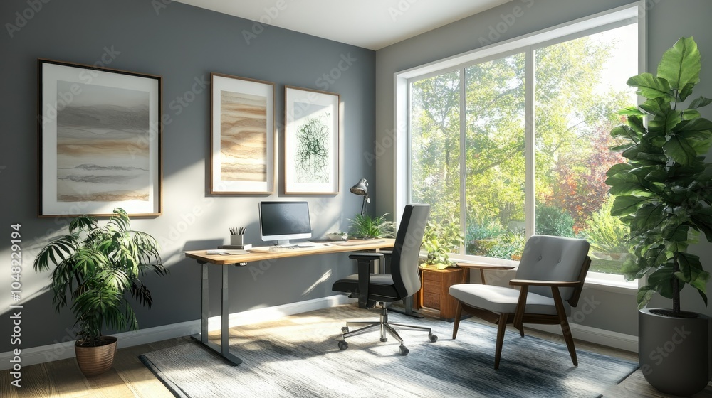 Stylish workroom with a standing desk, ergonomic chair, indoor plants, and framed artwork on the walls for a creative vibe. Stylish workroom with a standing desk, ergonomic chair, indoor plants, and framed artwork on the walls for a creative vibe.
