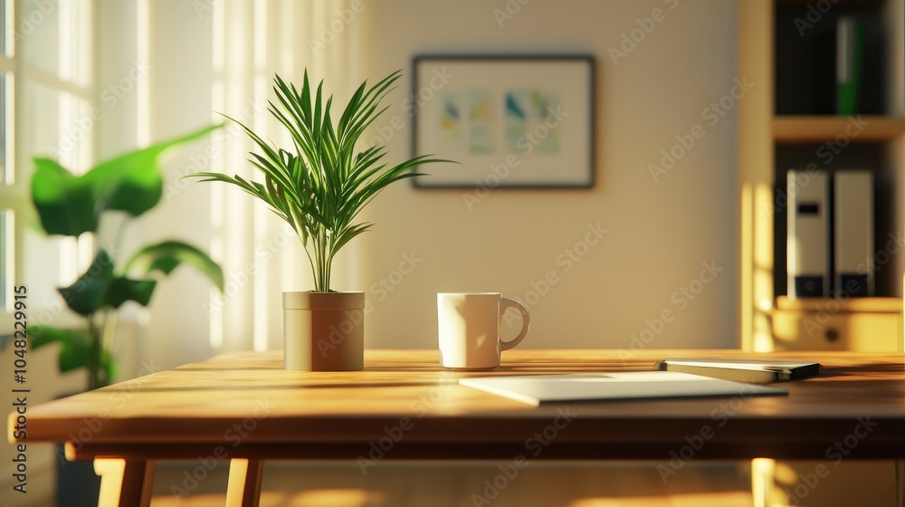 Workroom with a wooden desk, potted plant, coffee mug, and minimal decor, creating a simple and serene workspace. Workroom with a wooden desk, potted plant, coffee mug, and minimal decor, creating a simple and serene workspace.