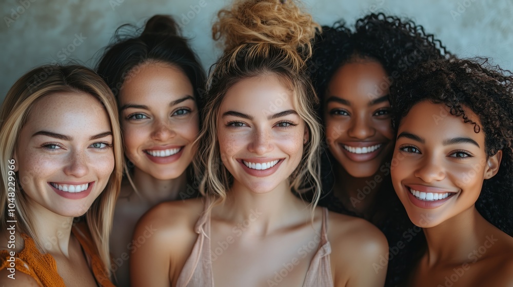 A diverse group of women smiling and posing for the camera, representing beauty diversity in skincare advertising A diverse group of women smiling and posing for the camera, representing beauty diversity in skincare advertising