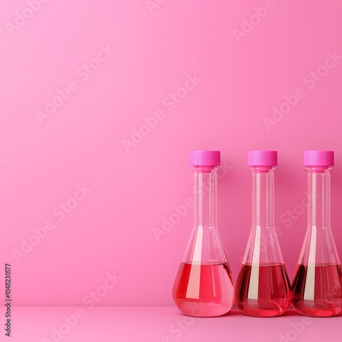 Colorful laboratory glassware in pink backdrop, showcasing flasks filled with vibrant liquid, perfect for scientific themes.