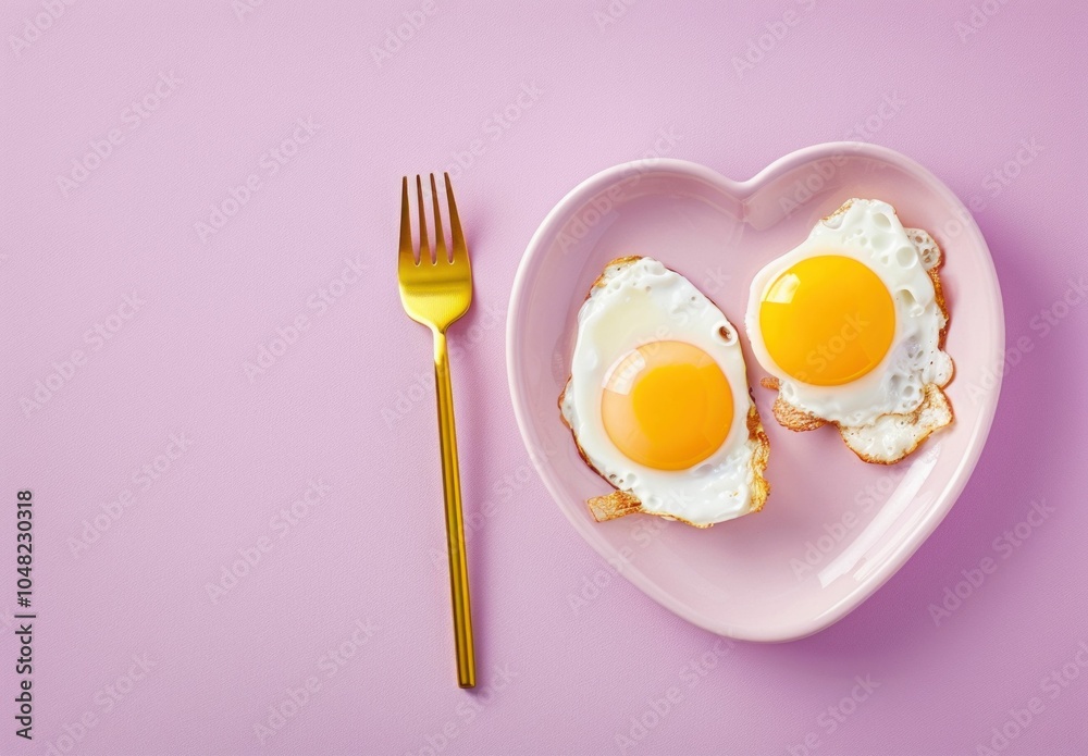 heart shaped plate with sunny side up eggs, golden fork, and pink background for breakfast concept heart shaped plate with sunny side up eggs, golden fork, and pink background for breakfast concept