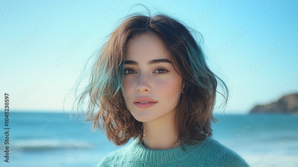 A photo of a model with shoulder-length hair and blue and green highlights. She is wearing a light teal sweater on the beach and has brown eyes. A photo of a model with shoulder-length hair and blue and green highlights. She is wearing a light teal sweater on the beach and has brown eyes.