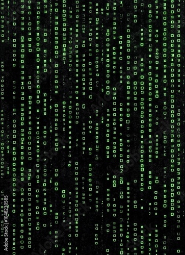 Fondo de código binario verde en estilo digital sobre fondo negro, inspirado en tecnología y ciberespacio