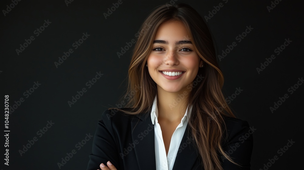 A portrait of an attractive young business woman with long hair smiling, wearing black suit and white shirt standing in front view on the solid background A portrait of an attractive young business woman with long hair smiling, wearing black suit and white shirt standing in front view on the solid background