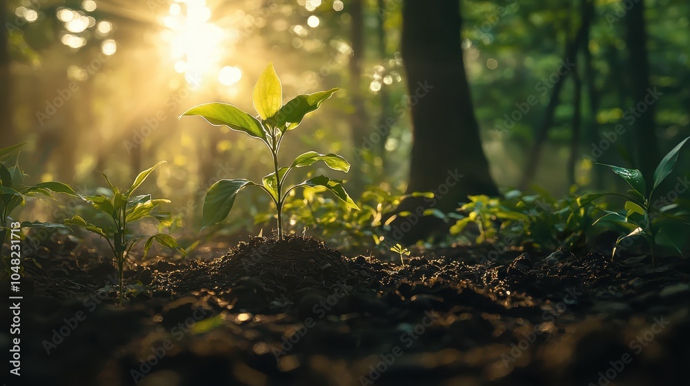 Young Sapling in Rich Soil Under Soft Sunlight Young Sapling in Rich Soil Under Soft Sunlight