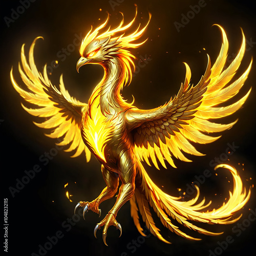 A golden phoenix with fiery wings and talons is depicted against a dark background, glowing with intense light and a powerful presence.