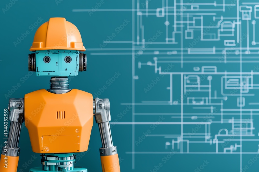 A colorful robot wearing a hard hat, set against a blueprint background, symbolizing innovation and engineering. A colorful robot wearing a hard hat, set against a blueprint background, symbolizing innovation and engineering.