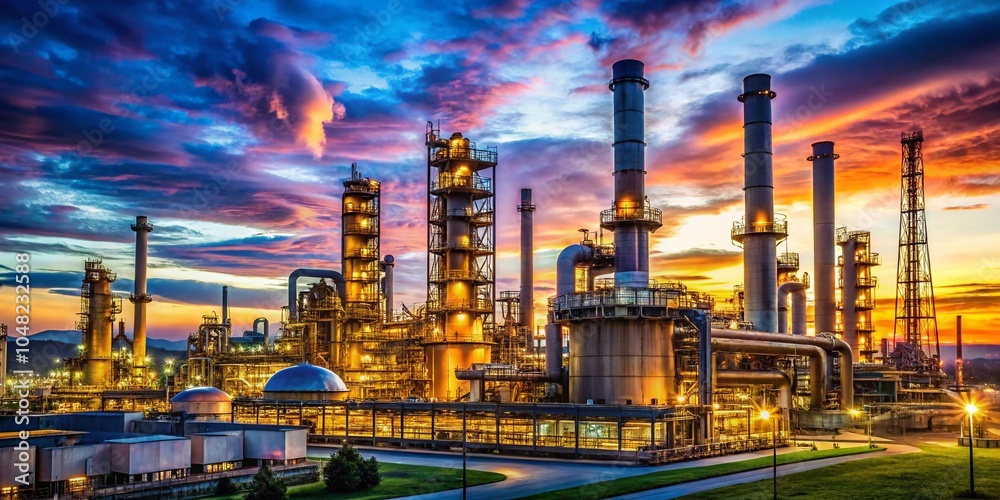 Obraz premium Industrial Plant at Twilight: Stunning Petrochemical Oil Refinery Factory Photography for Industrial Sector