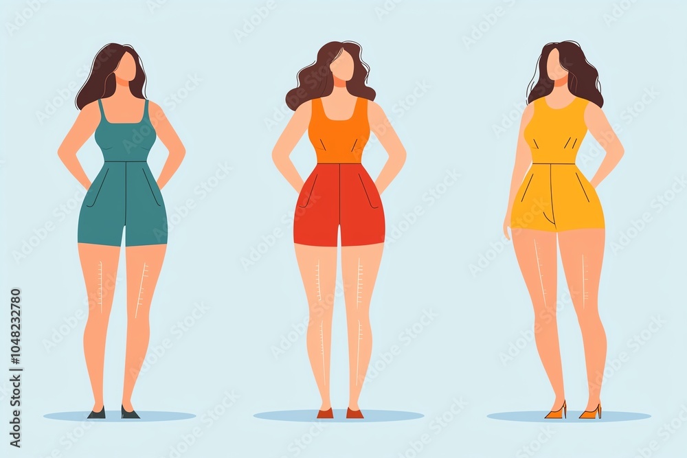 Illustration of three diverse women in stylish outfits, showcasing body positivity and fashion variety in a vibrant setting. Illustration of three diverse women in stylish outfits, showcasing body positivity and fashion variety in a vibrant setting.