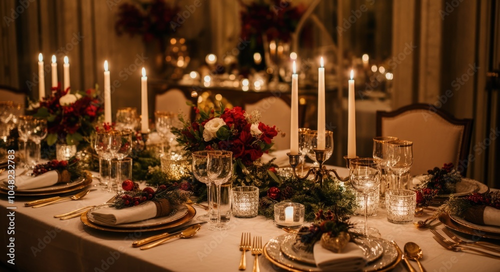 Elegant Candlelit Dinner Table Setting with Festive Decorations