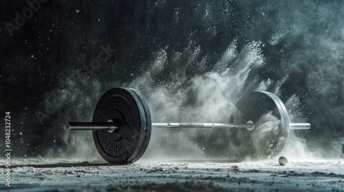 A Close-Up of a Black Weight Barbell with Weights, Dropped Onto a Surface with a Cloud of Dust and Debris
