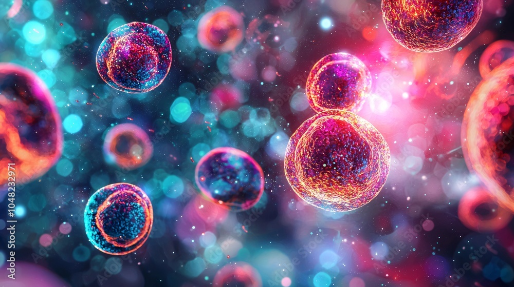Microscopic Cells with Vibrant Red Particles