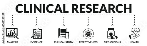 Banner of clinical research web vector illustration concept with icons of analysis, evidence, clinical study, effectiveness, medications, health
