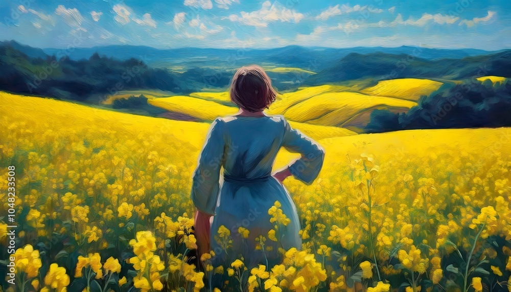 Fototapeta premium A woman is standing in a field of Blooming rapeseed