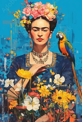 Vibrant portrait of a woman adorned with flowers and jewelry, surrounded by colorful blossoms and a parrot, embodying beauty and natures harmony.