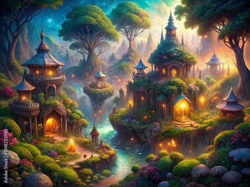 Isometric Fantasy World in Low Light Photography - Enchanted Landscapes and Magical Creatures