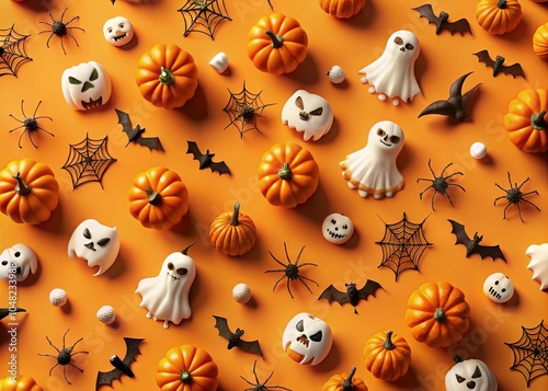 Isometric Halloween Pattern on Orange Background for Festive Decor and Design