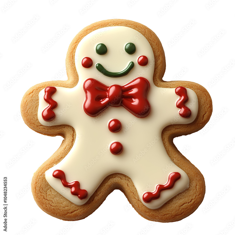 Naklejka premium Gingerbread man cookie PNG. Classic holiday cookie with festive red and green icing accents on buttons and edges. Christmas gingerbread man top view PNG. Gingerbread man cookie flat lay isolated