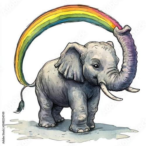 Caricature of an elephant, trunk forming a rainbow loop, exaggerated proportions, watercolor style photo