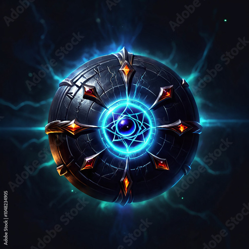 A circular, metallic orb with an intricate design and a glowing blue eye at its center. It has six pointed, goldtrimmed protrusions adorned with red jewels, surrounded by a halo of blue energy. photo