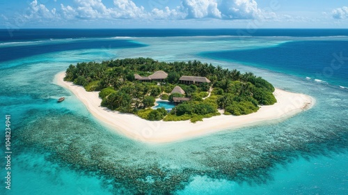 Aerial view of a luxurious tropical island, with clear blue waters and untouched white sands, capturing paradise and peace