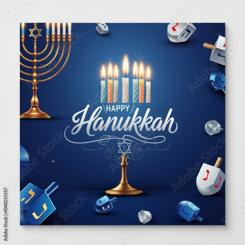  Jewish religious holiday Hanukkah with holiday Hanukkah (traditional candelabra). With an inscription Happy Hanukkah
