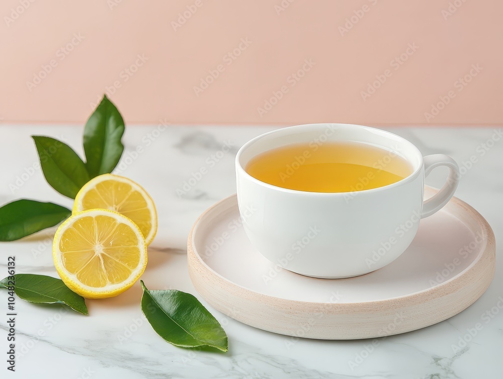 Refreshing Tea with Lemon Slices and Green Leaves Refreshing Tea with Lemon Slices and Green Leaves