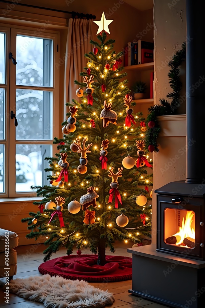 The Christmas tree, decorated with straw billy goats, red ribbons and white toys, glows warmly in a cozy room with a wood stove and snowy landscape outside the window The Christmas tree, decorated with straw billy goats, red ribbons and white toys, glows warmly in a cozy room with a wood stove and snowy landscape outside the window