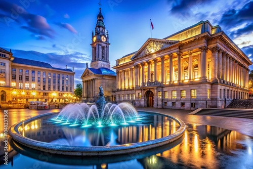 Long Exposure of Birmingham Town Hall and Chamberlain Memorial Fountain in Chamberlain Square at Night