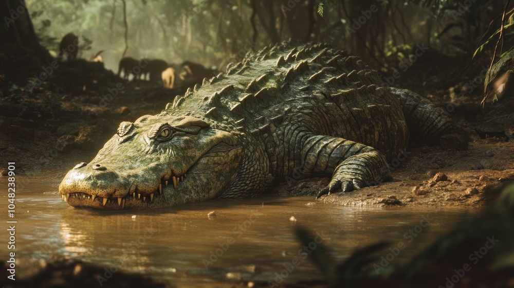 A large, prehistoric-looking crocodile resting by a muddy water source in a dense forest. A large, prehistoric-looking crocodile resting by a muddy water source in a dense forest.