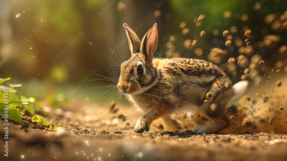 Fototapeta premium Rabbit in Motion Amidst Dust and Nature